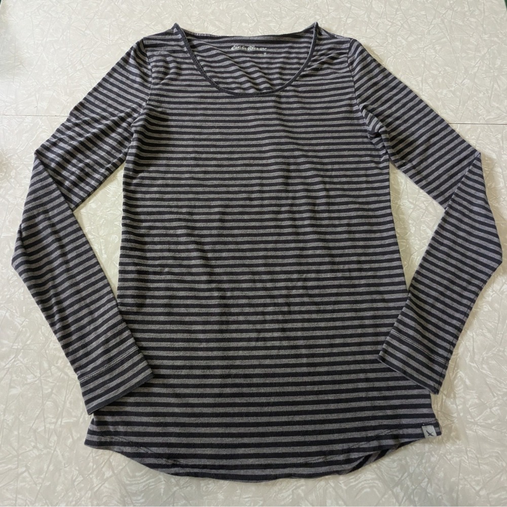 Eddie Bauer Womens Long Sleeve Striped Scoop Neck Top Black Grey Size M